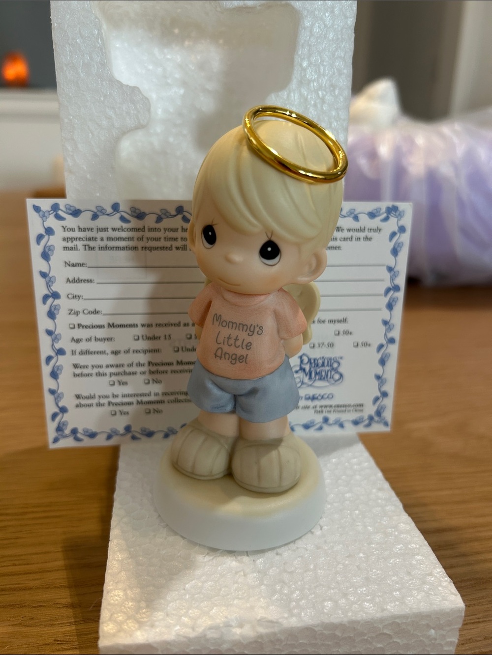 Precious Moments Blonde Angel Figurine with Gold Halo and Pink Top